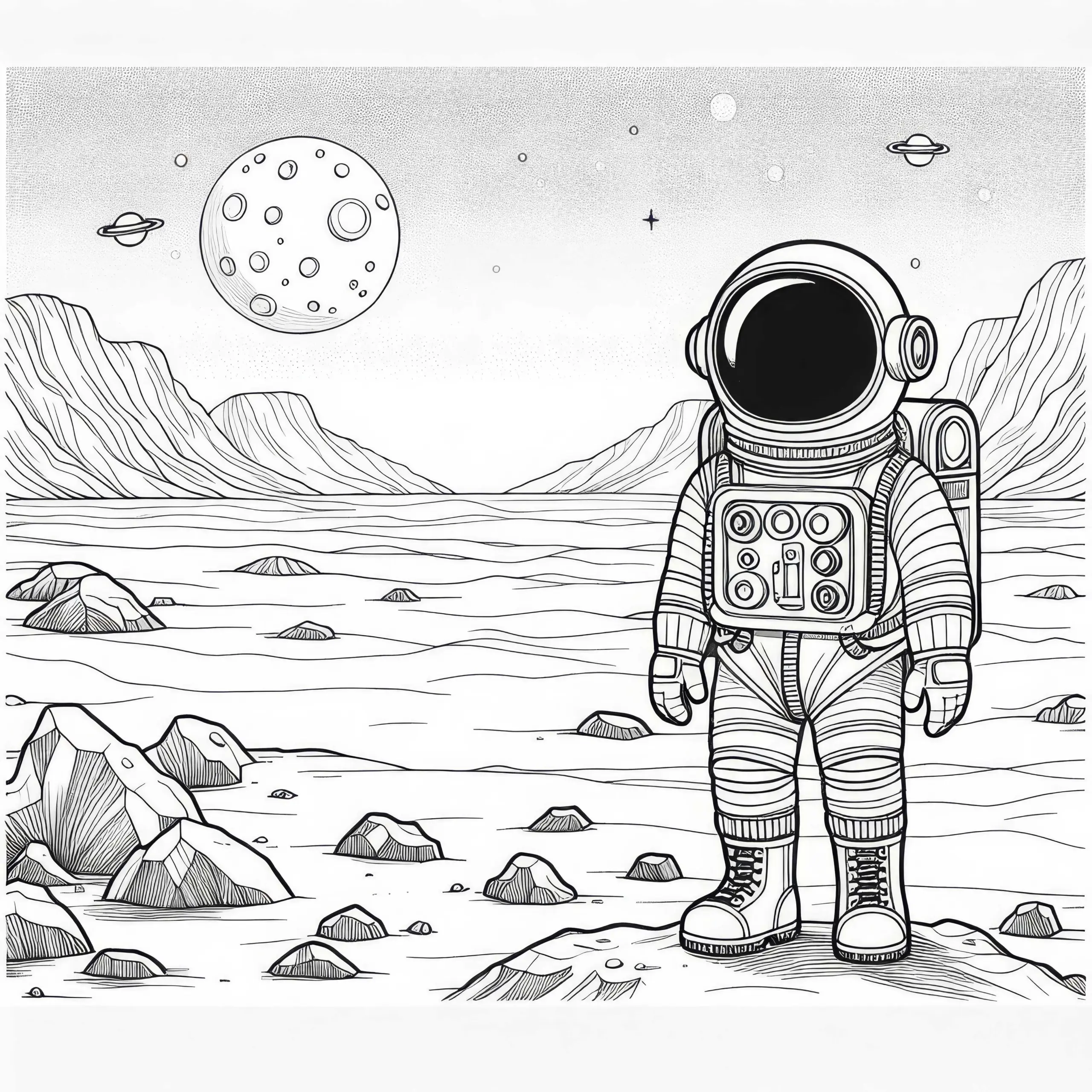 Junge im Astronautenanzug auf dem Mars – Malvorlage für Jungs ab sechs kostenlos (Ausmalbild)