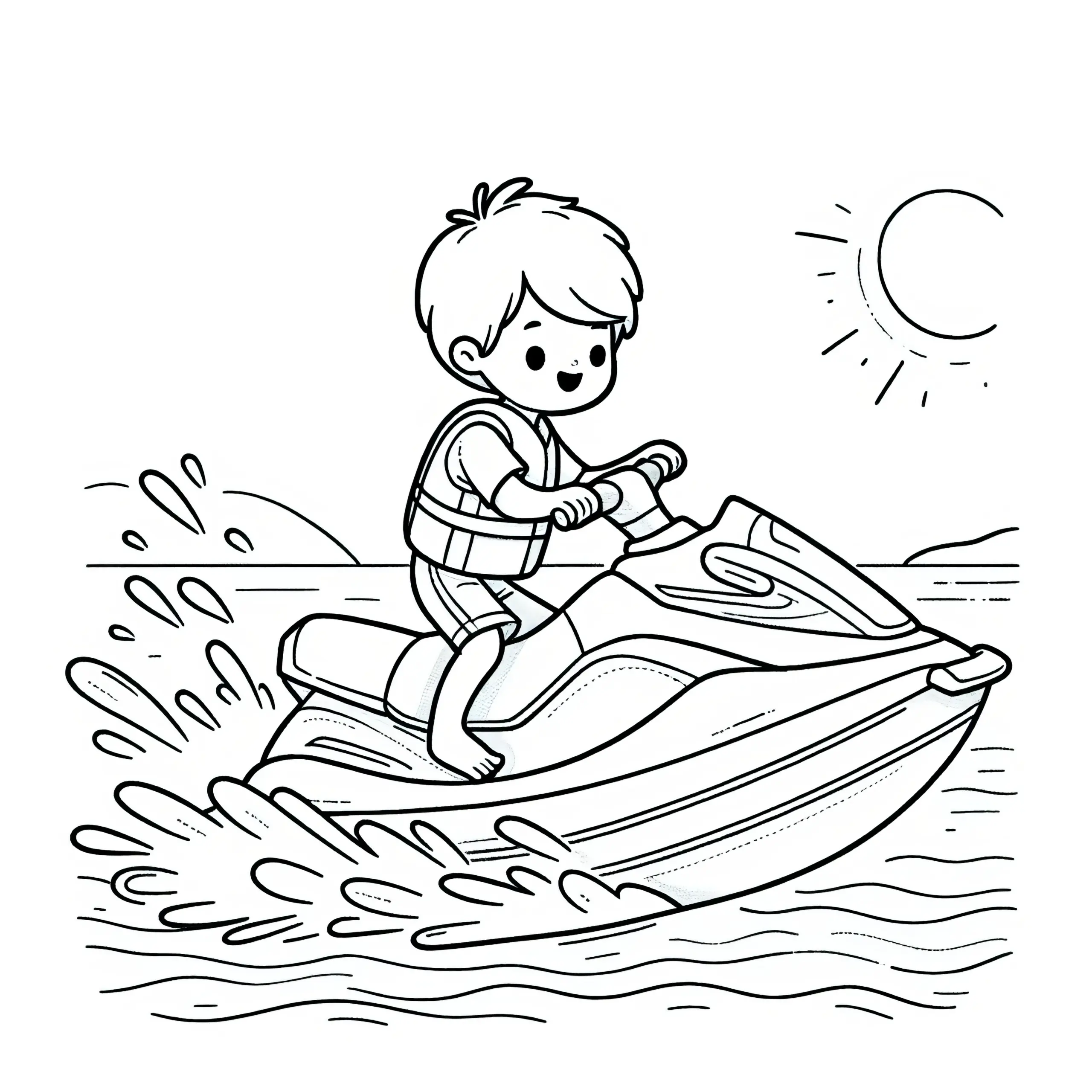 Junge auf Jetski: Malvorlage zum Download (Gratis) (Ausmalbild)