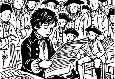 Junge liest aus Zeitung, während andere gespannt zuhören – Ausmalbild Französische Revolution kostenlos