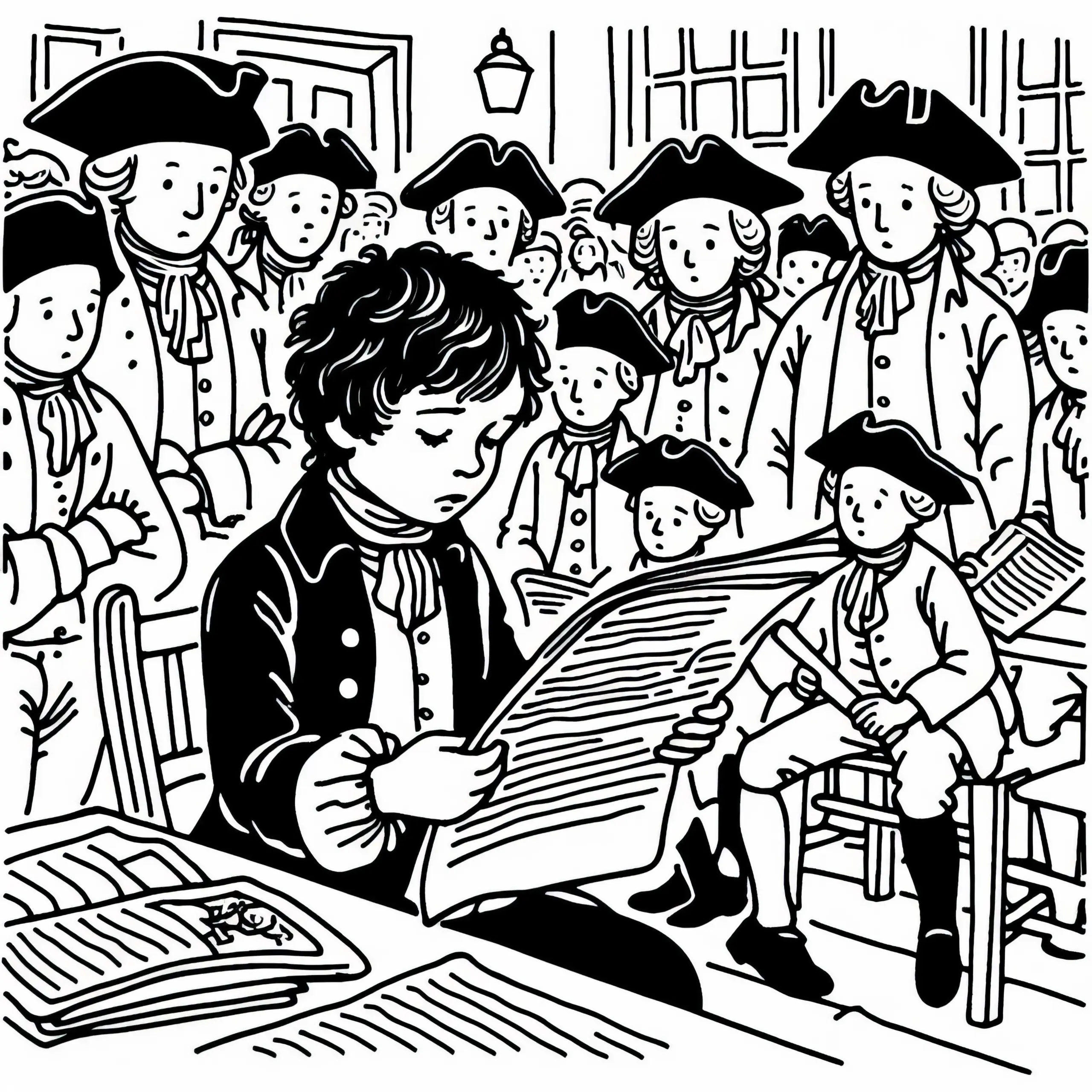 Junge liest aus Zeitung, während andere gespannt zuhören – Ausmalbild Französische Revolution kostenlos