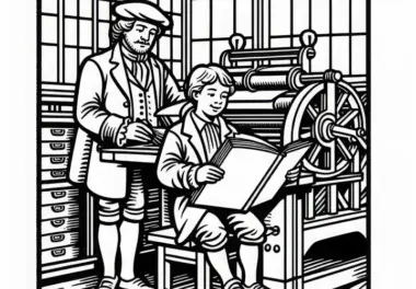 Junge liest stolz aus frisch gedrucktem Buch vor – Malvorlage Buchdruck kostenlos