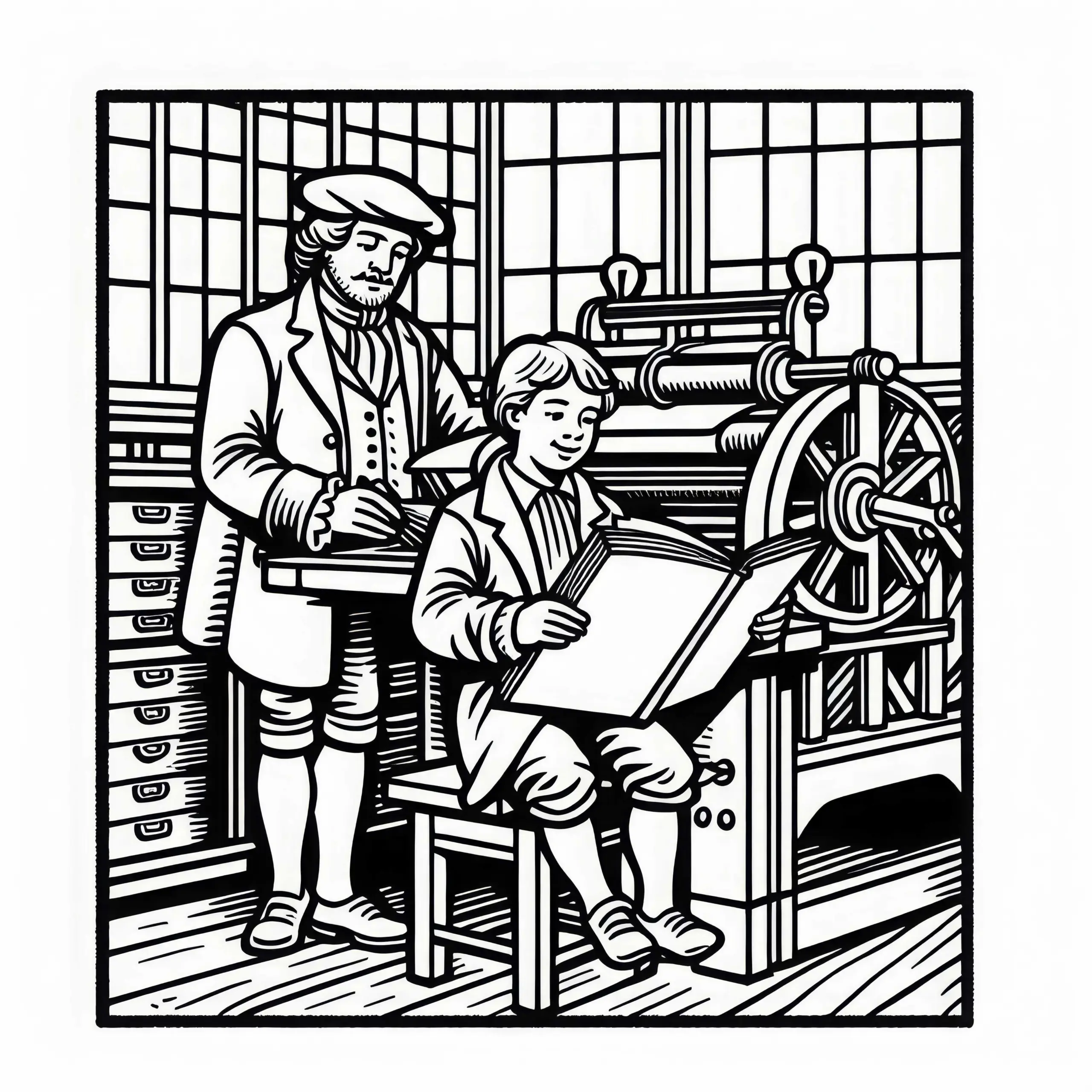 Junge liest stolz aus frisch gedrucktem Buch vor – Malvorlage Buchdruck kostenlos (Ausmalbild)