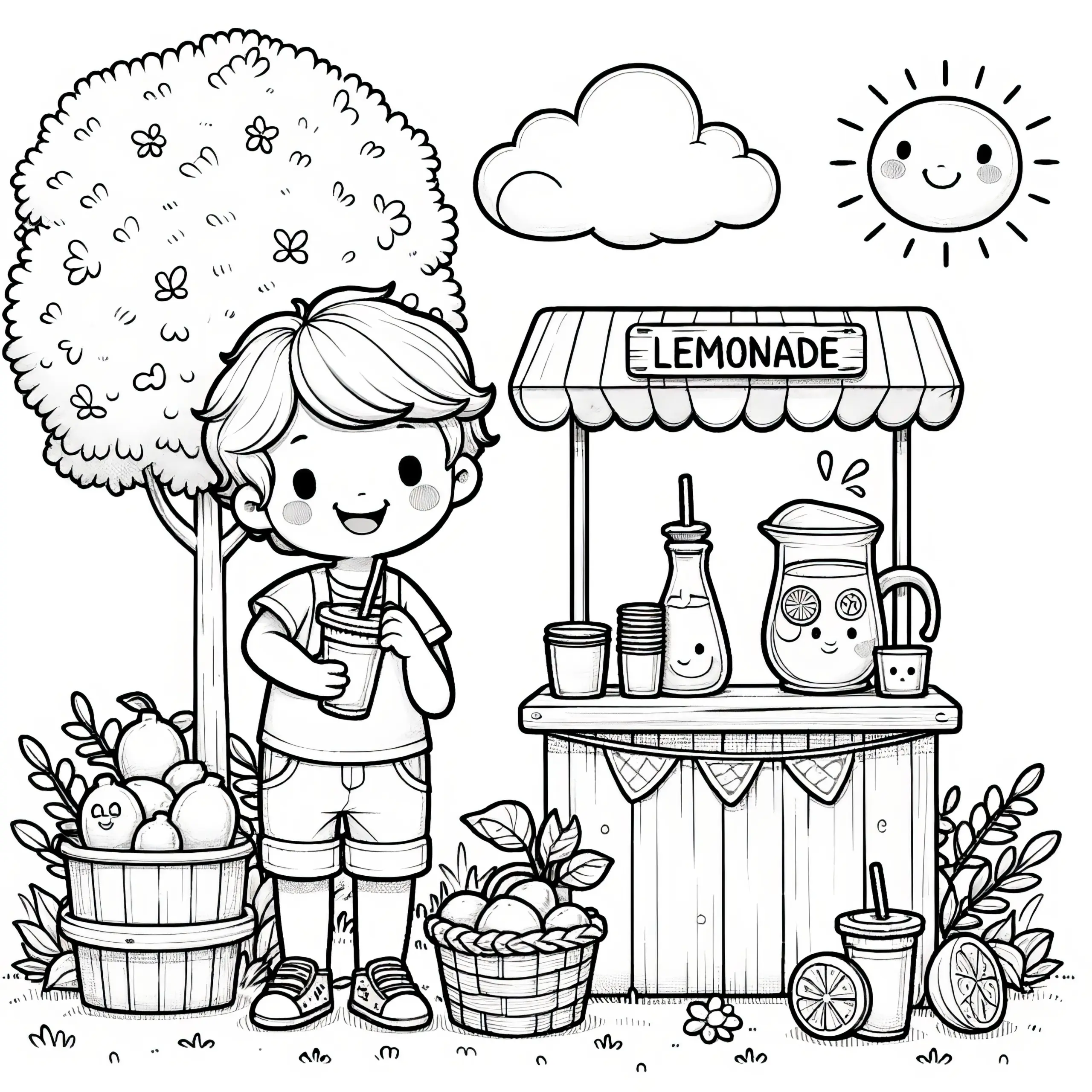 Junge mit Limonadenstand: Ausmalbild zum Download (Gratis)
