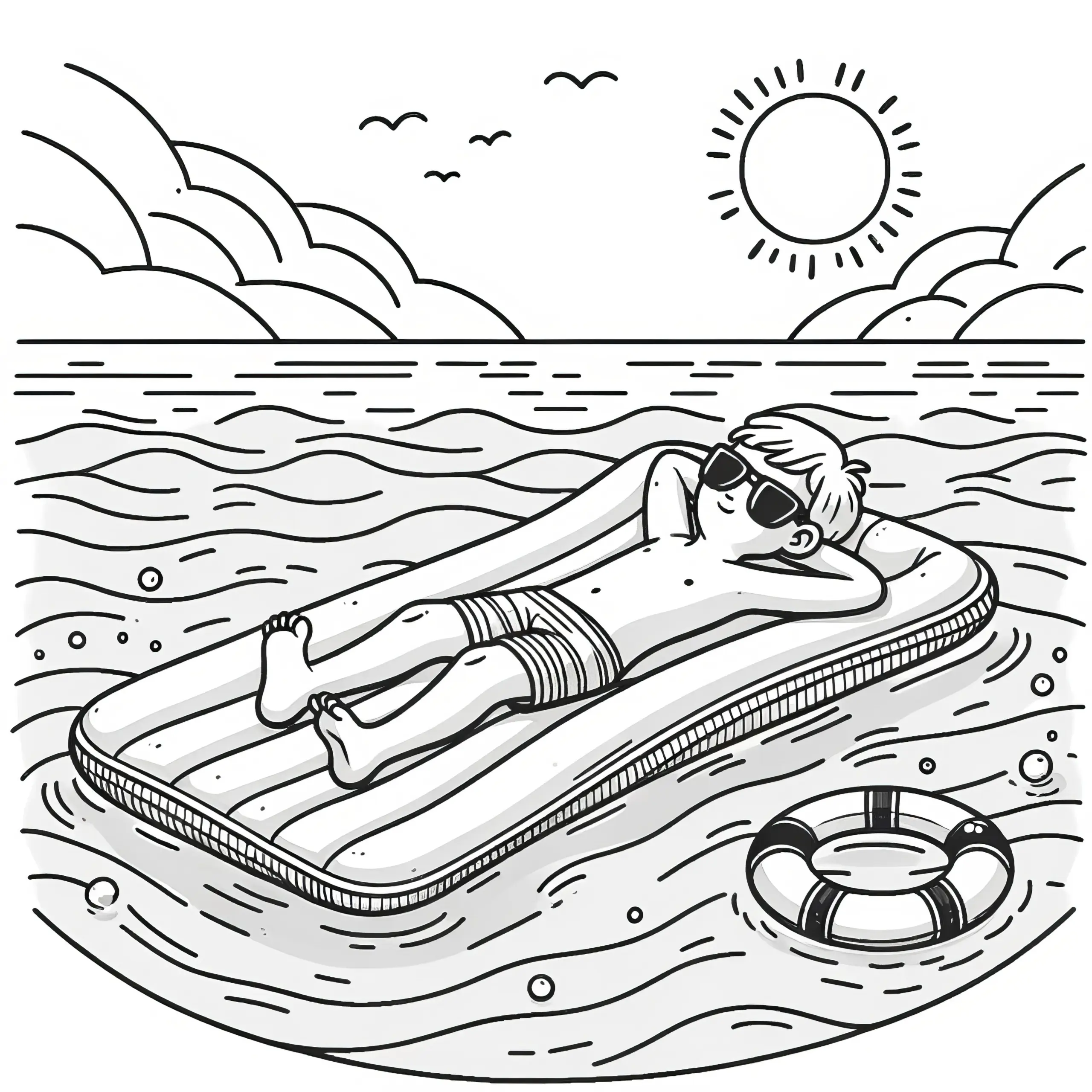 Junge auf Luftmatratze im Wasser: Ausmalbild zum Download (Gratis)