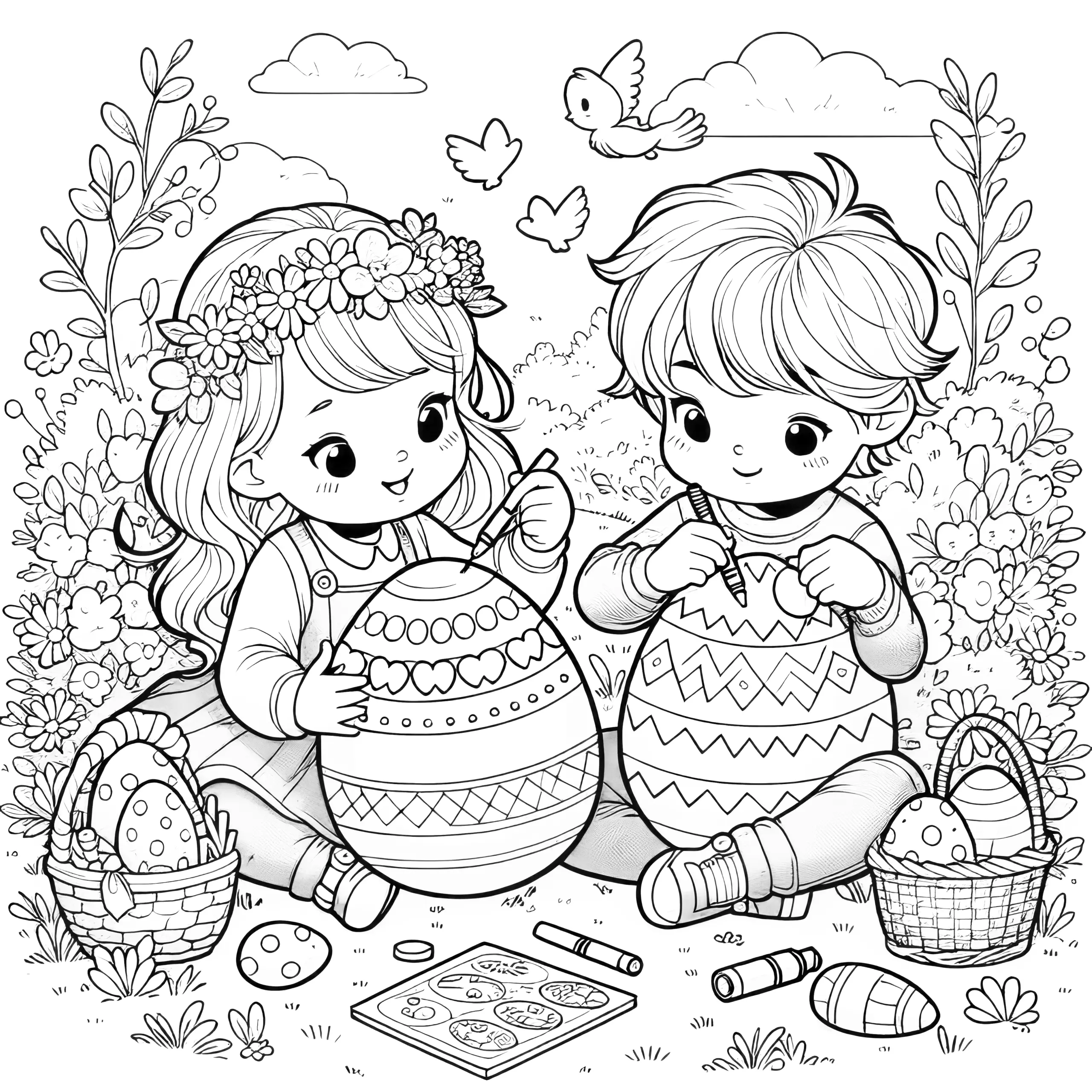Junge und Mädchen bemalen Ostereier auf Blumenwiese: Bild zum Download (Gratis) (Ausmalbild)
