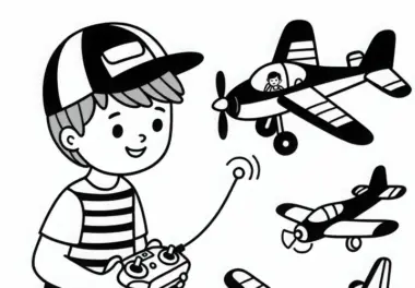 Junge mit Fernsteuerung steuert Flugzeugmodell Ausmalbild für Jungs ab sechs gratis