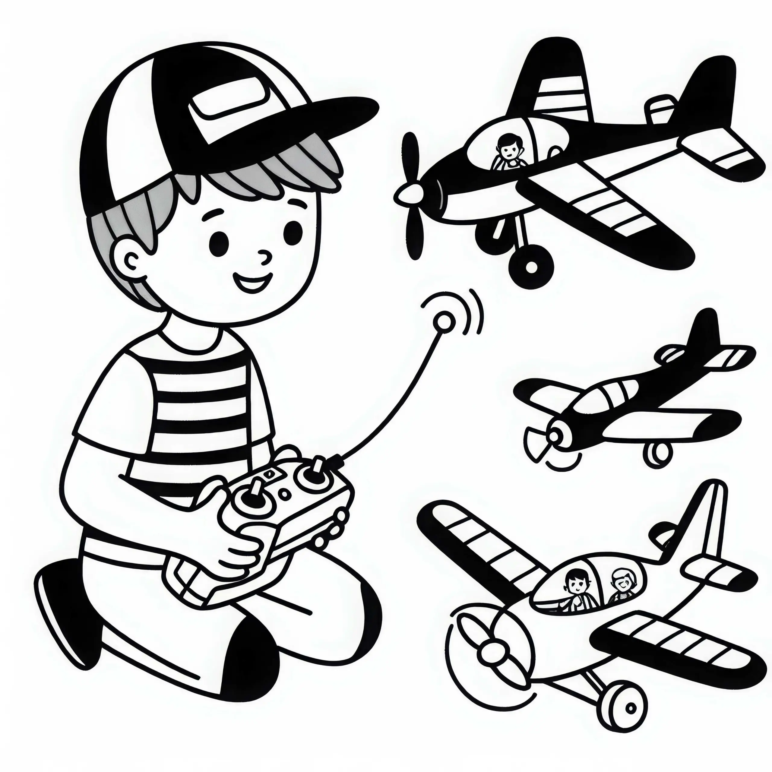Junge mit Fernsteuerung steuert Flugzeugmodell Ausmalbild für Jungs ab sechs gratis