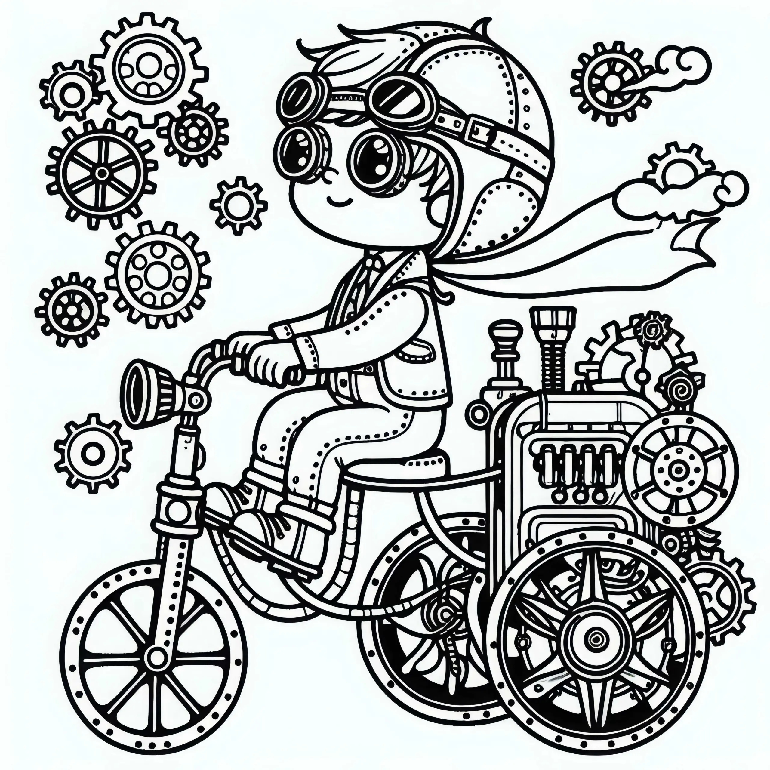 Junge mit Fliegerbrille auf dampfbetriebenem Dreirad mit Zahnrädern – Malvorlage Steampunk gratis (Ausmalbild)