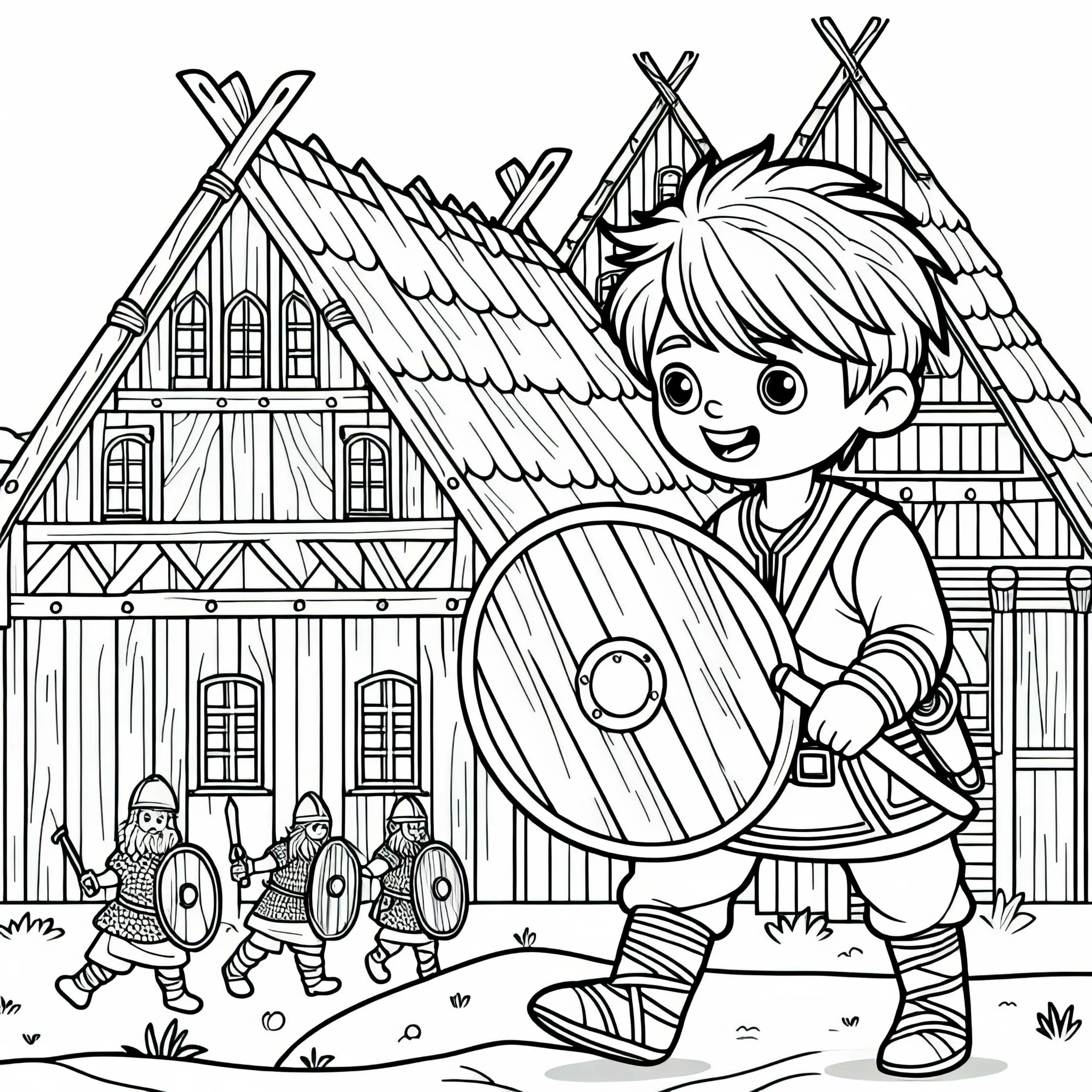 Junge mit Holzschild bewacht spielerisch das Dorf – Ausmalbild Wikinger kostenlos