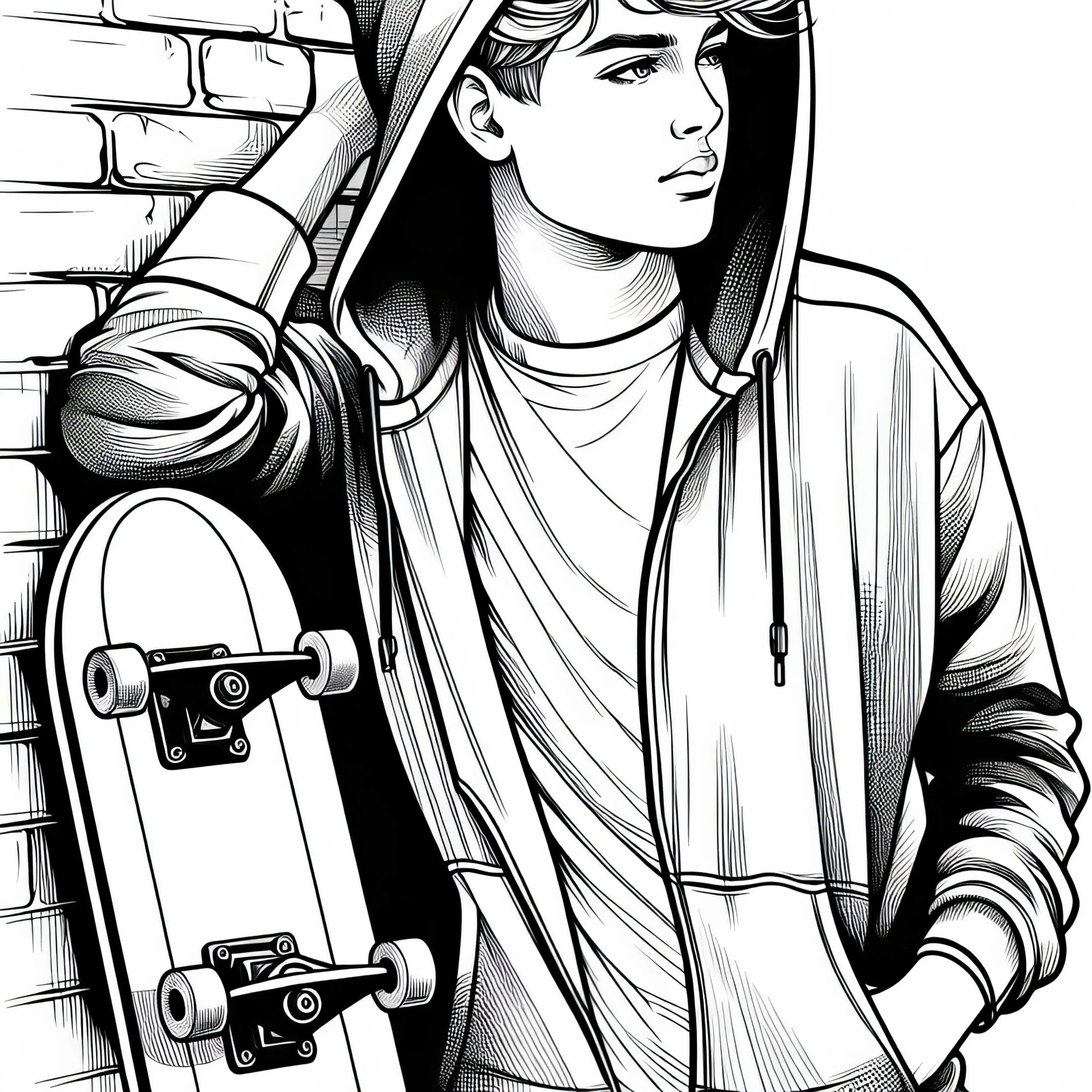 Junge mit Hoodie und Skateboard lehnt an Mauer – Malvorlage für Jungs ab zwölf kostenlos (Ausmalbild)