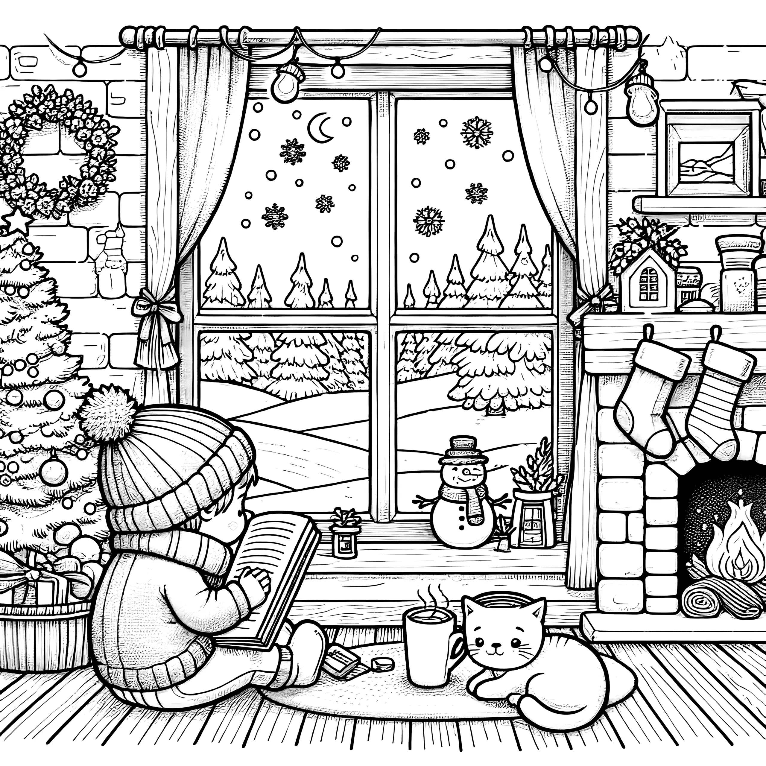 Junge mit Katze am Fenster: Winterszene zum Ausmalen (Ausmalbild)
