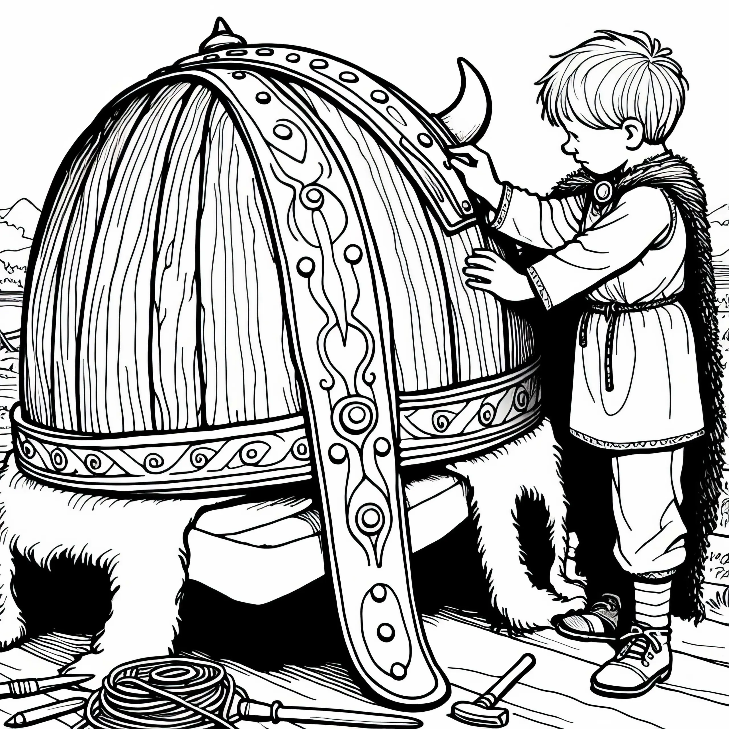 Junge mit riesigem Wikingerhelm aus Holz Malvorlage gratis (Ausmalbild)