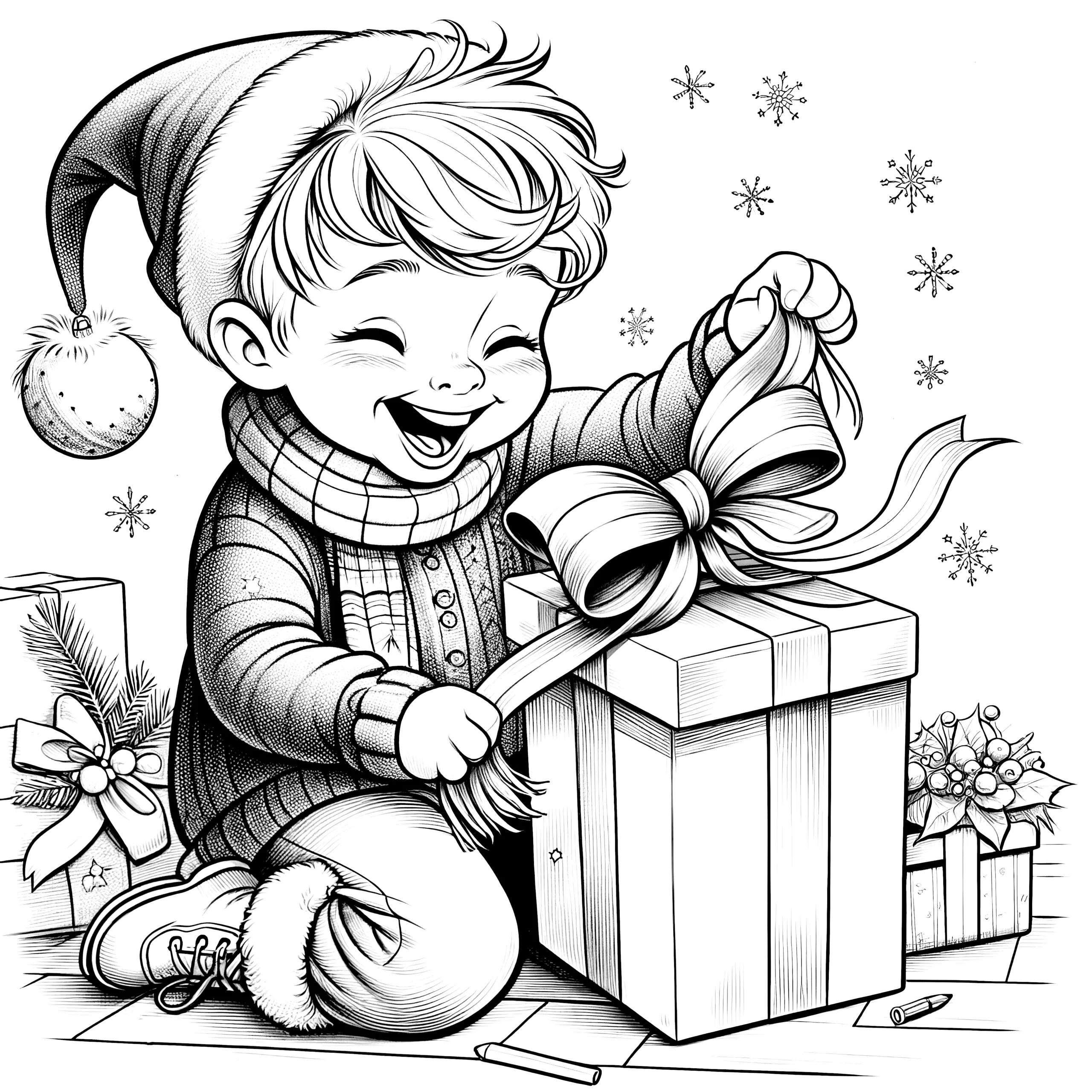 Junge packt Weihnachtsgeschenk aus (Malvorlage) (Ausmalbild)