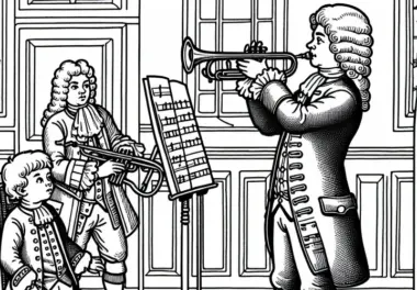 Junge schaut einem Trompetenspieler bei Probe zu – Malvorlage Barockzeit kostenlos