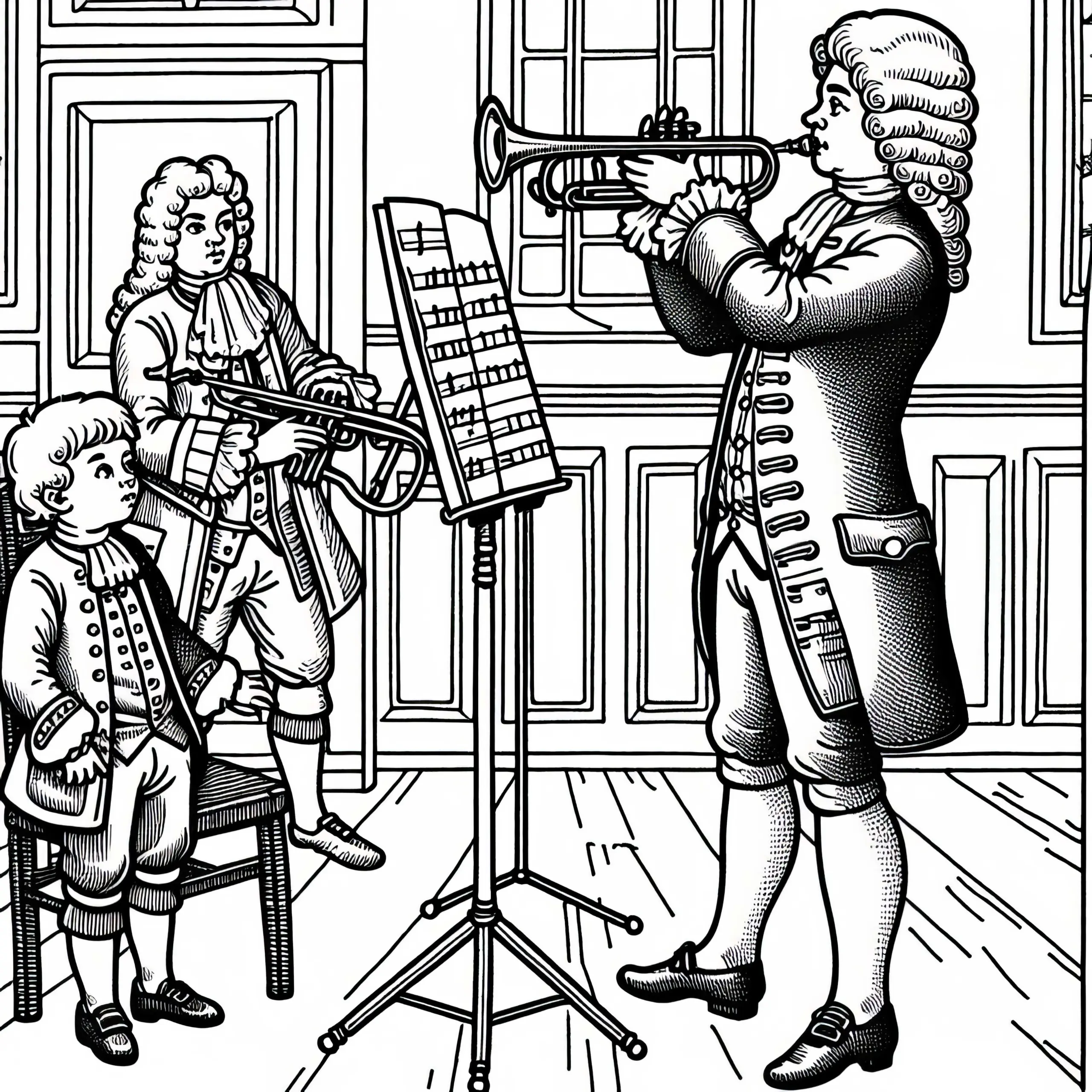 Junge schaut einem Trompetenspieler bei Probe zu – Malvorlage Barockzeit kostenlos (Ausmalbild)