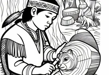 Junge schnitzt Tier aus Holz – Malvorlage Indianer kostenlos