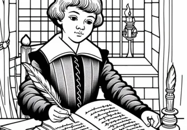 Junge schreibt mit Feder und Tinte Verse in Schulheft – Malvorlage Reformation kostenlos