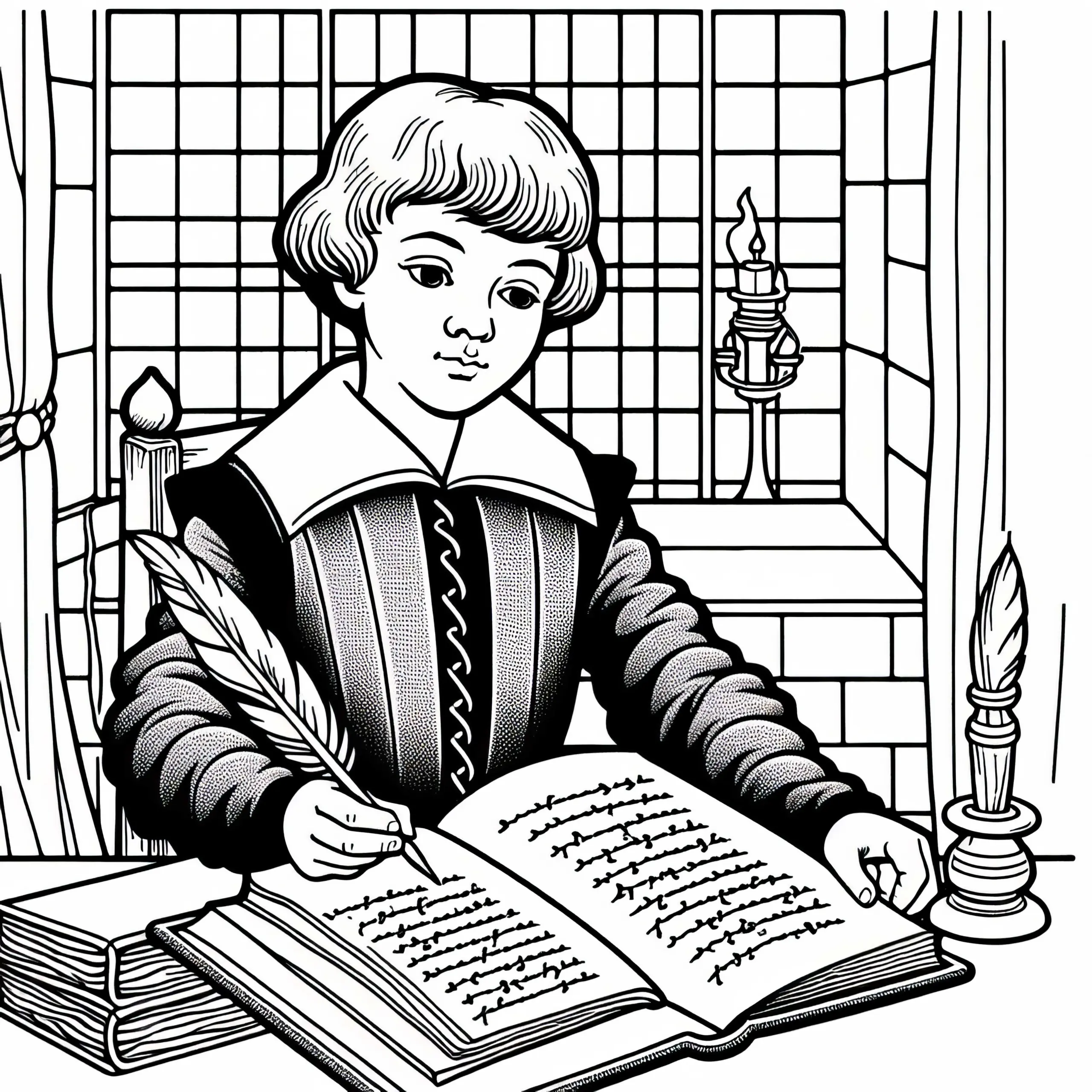 Junge schreibt mit Feder und Tinte Verse in Schulheft – Malvorlage Reformation kostenlos (Ausmalbild)