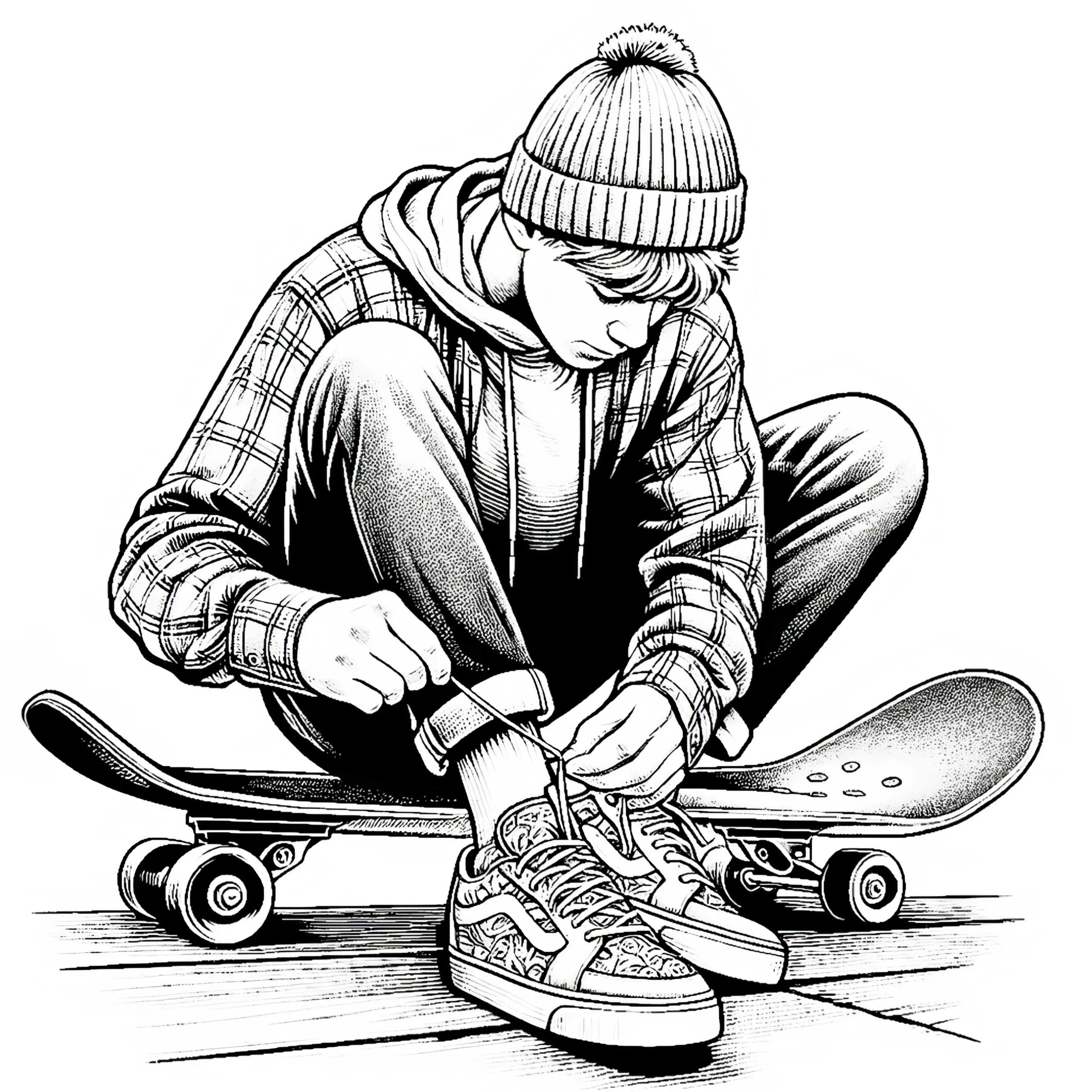 Junge sitzt auf Skateboard und bindet sich die Schnürsenkel – Ausmalbild kostenlos herunterladen
