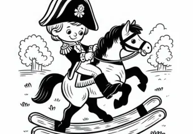 Junge spielt auf Holzpferd Napoleon – Ausmalbild der Napoleonischen Ära kostenlos herunterladen