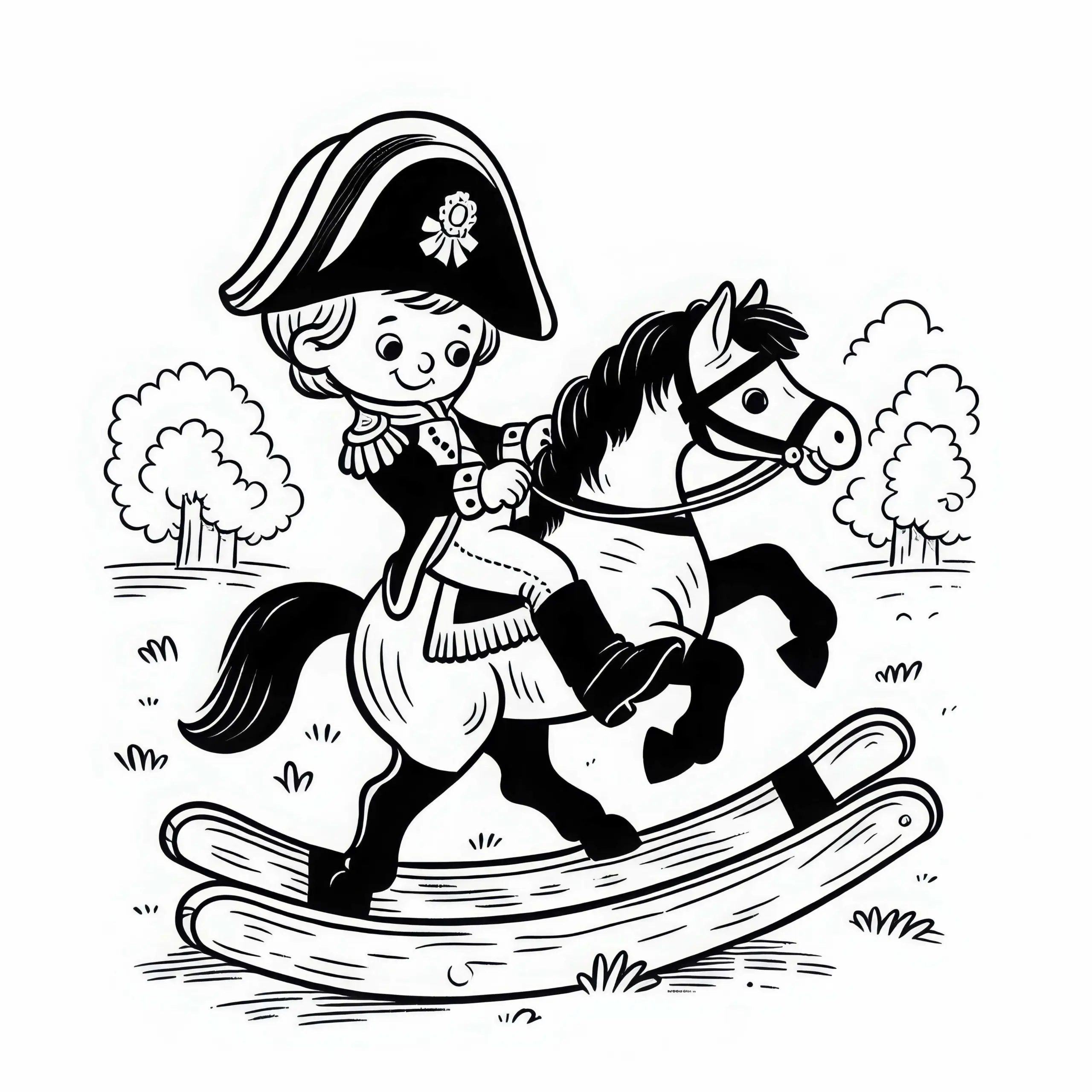 Junge spielt auf Holzpferd Napoleon – Ausmalbild der Napoleonischen Ära kostenlos herunterladen