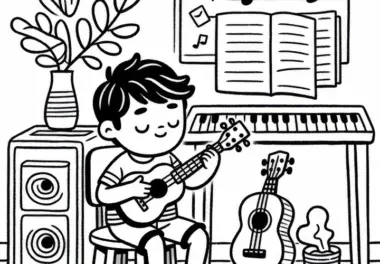 Junge spielt Ukulele Malvorlage gratis herunterladen und online ausmalen