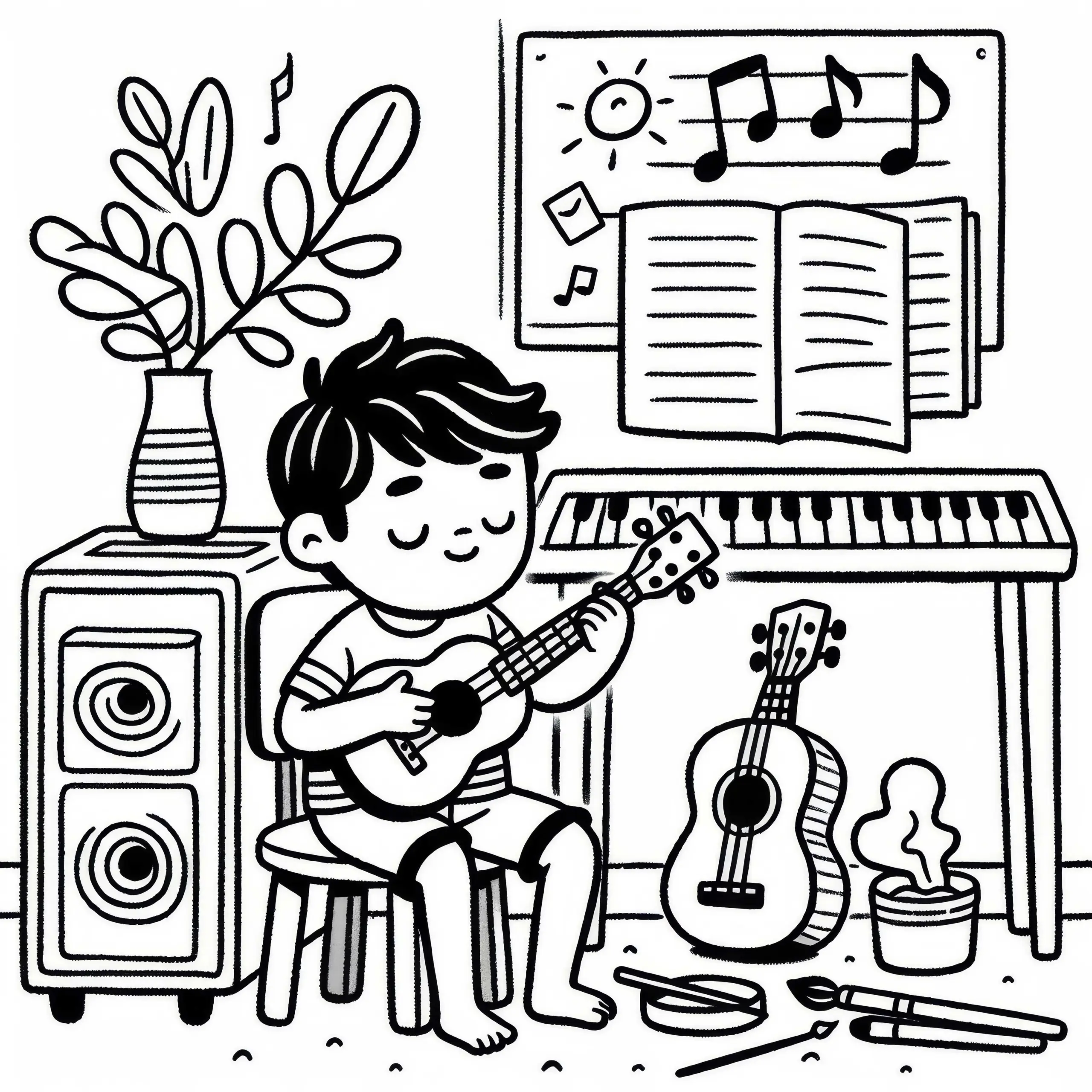 Junge spielt Ukulele Malvorlage gratis herunterladen und online ausmalen (Ausmalbild)