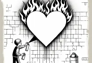 Junge sprüht großes Herz mit Flammen auf eine Wand – Graffiti Ausmalbild kostenlos