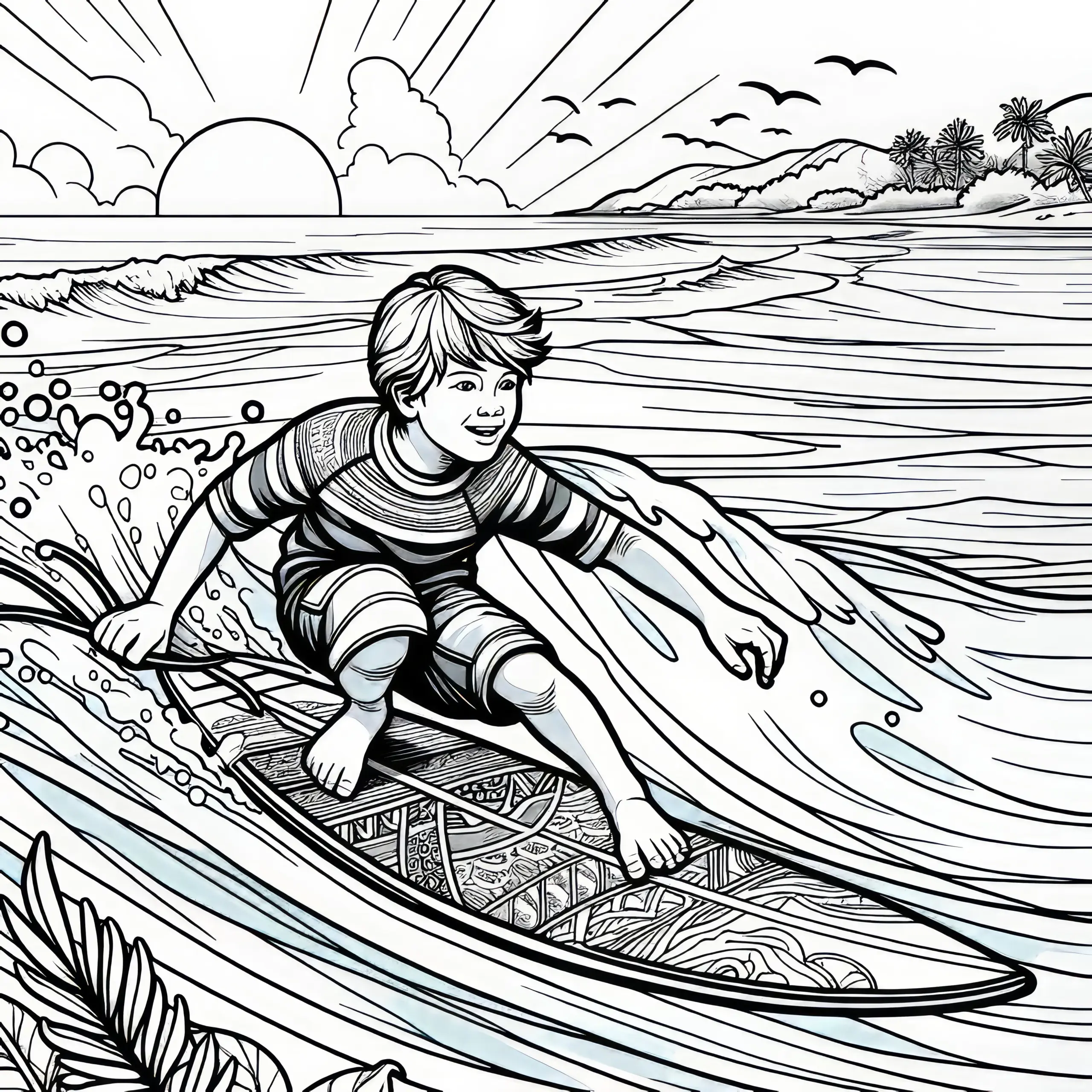 Junge beim Surfen: Ausmalbild zum Herunterladen (Gratis)