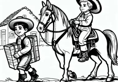 Junge trägt Nachricht auf Reitpferd zum Nachbarhof – Ausmalbild Kolonialzeit kostenlos