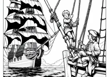 Junge übt Klettern an Seilen auf dem Segelschiff – Ausmalbild für Piraten kostenlos
