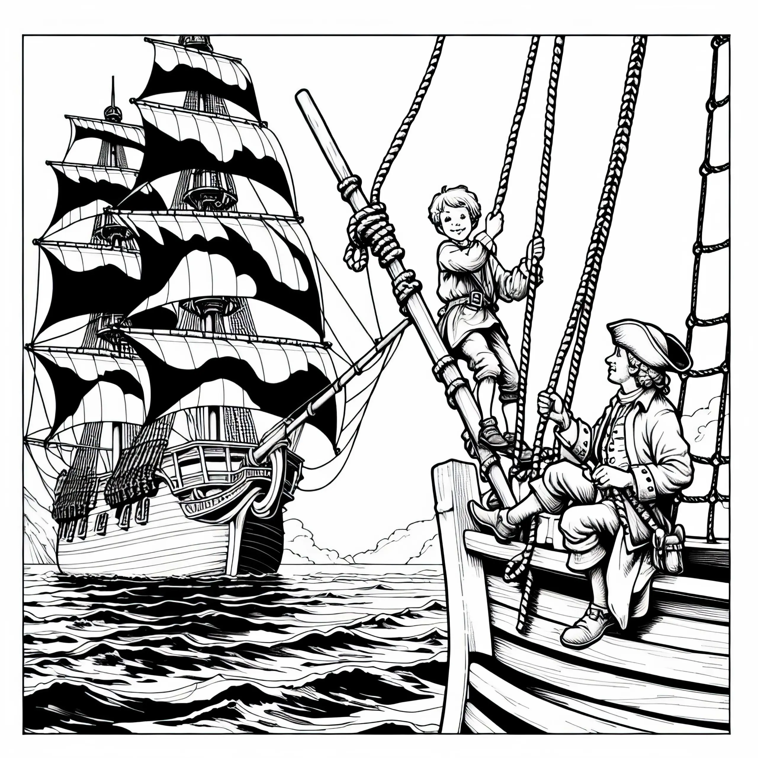 Junge übt Klettern an Seilen auf dem Segelschiff – Ausmalbild für Piraten kostenlos