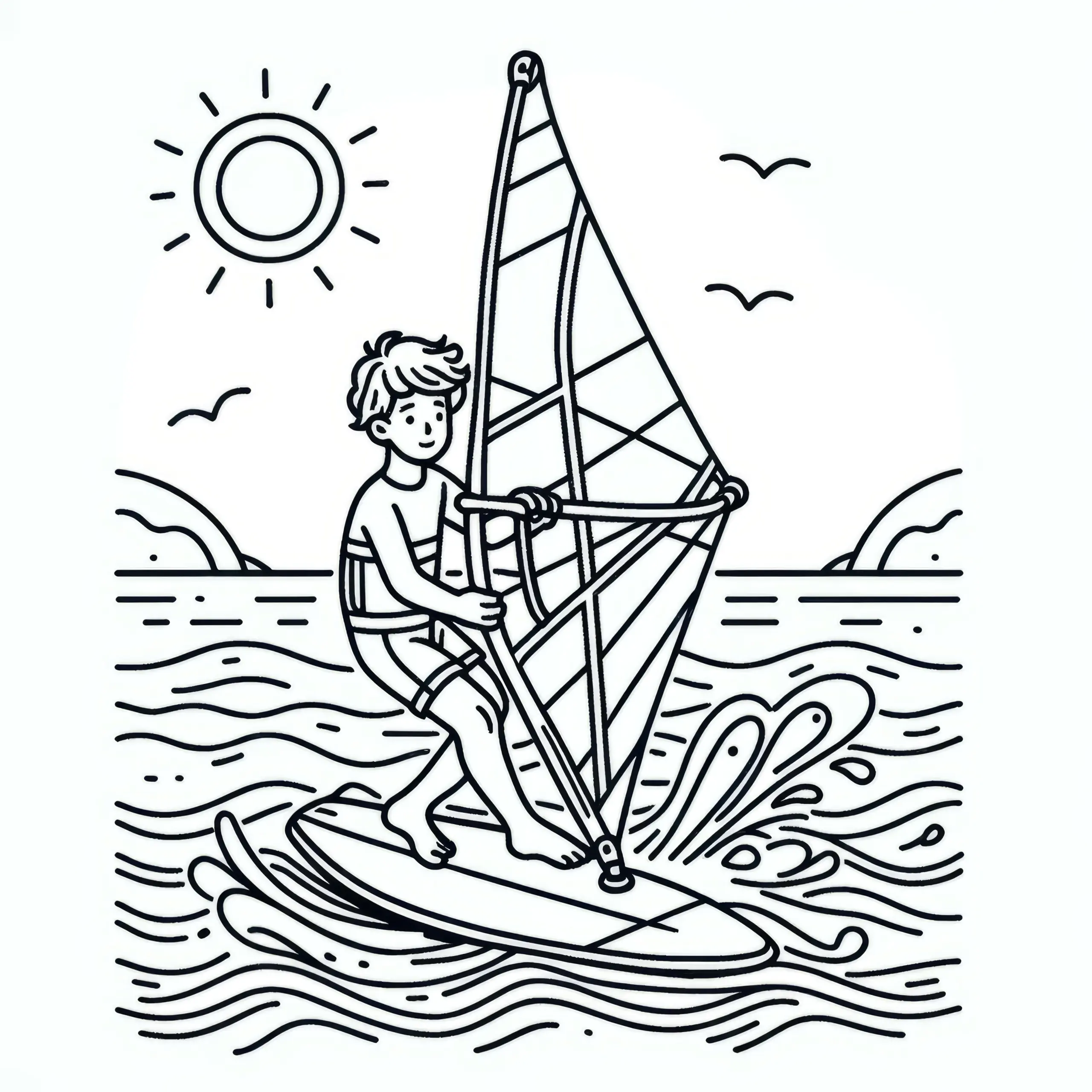 Junge beim Windsurfen: Ausmalbild zum Download (Gratis)