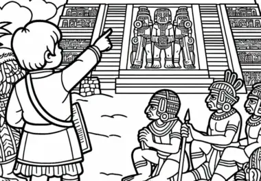 Junge zeigt auf Tempel – Ausmalbild Azteken kostenlos