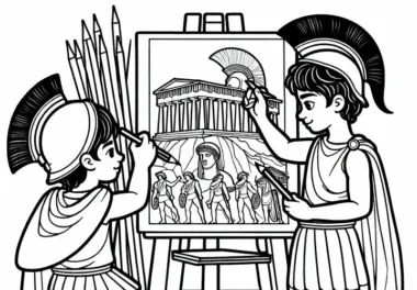 Jungen malen Bild der Akropolis – Ausmalbild Sparta und Athen zum Download
