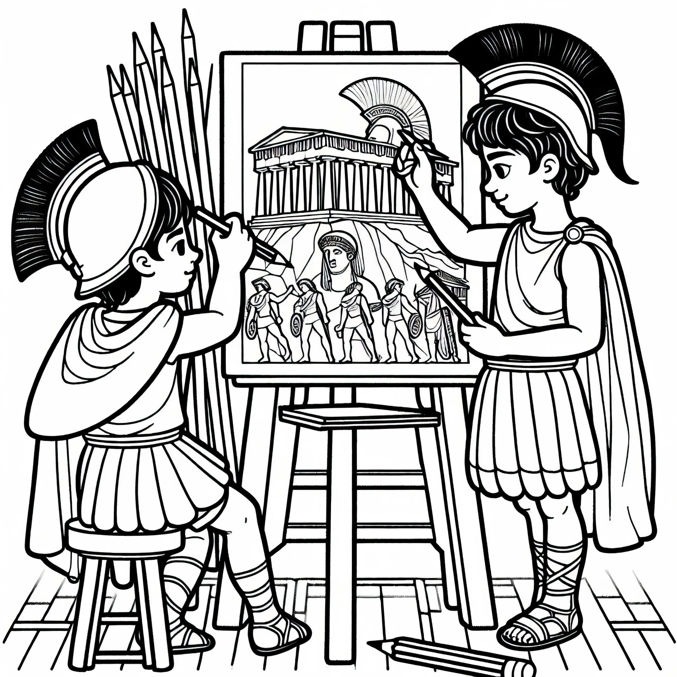 Jungen malen Bild der Akropolis – Ausmalbild Sparta und Athen zum Download