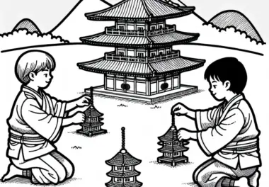 Jungen spielen mit selbstgebauten Mini-Pagoden – Malvorlage Altes Japan kostenlos