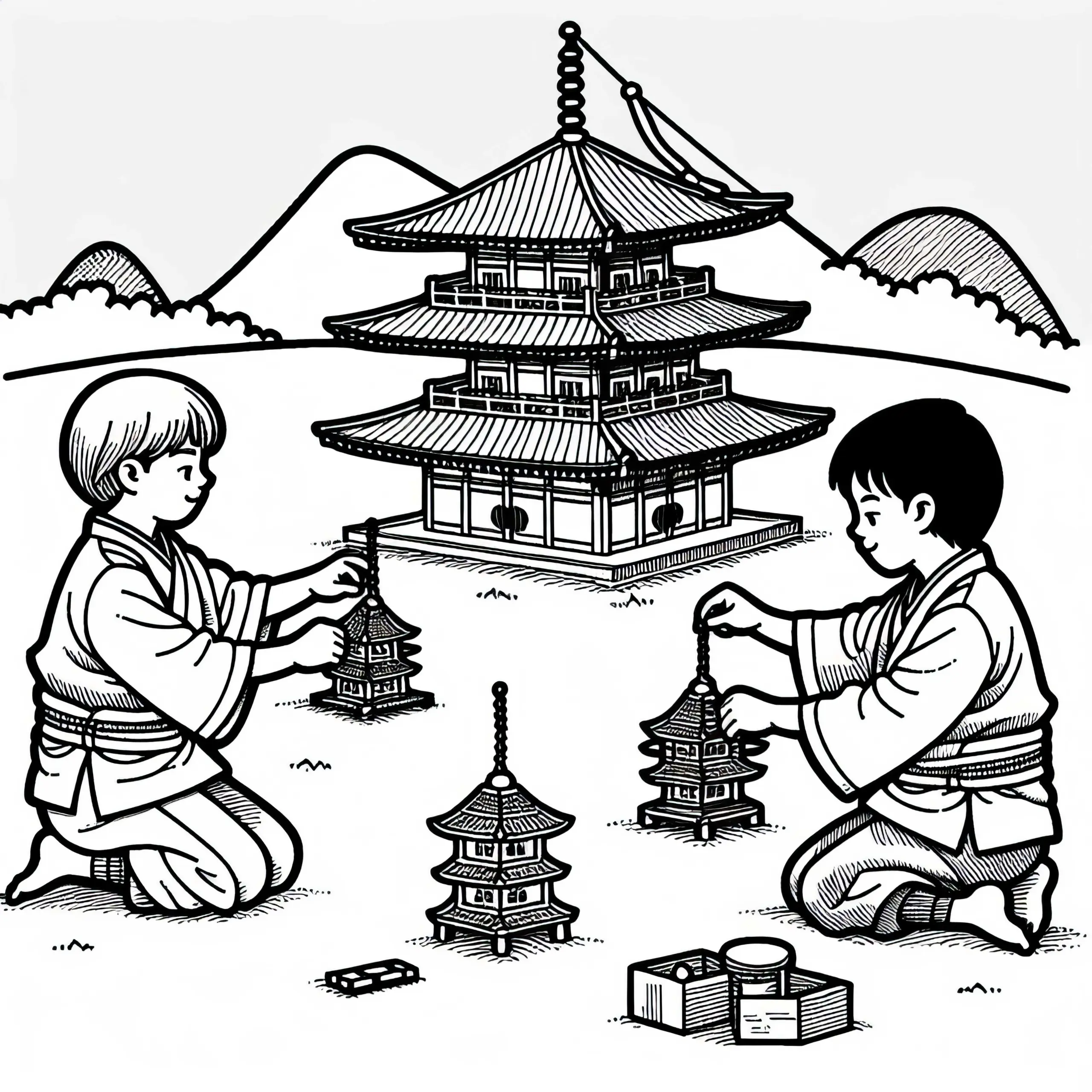 Jungen spielen mit selbstgebauten Mini-Pagoden – Malvorlage Altes Japan kostenlos (Ausmalbild)