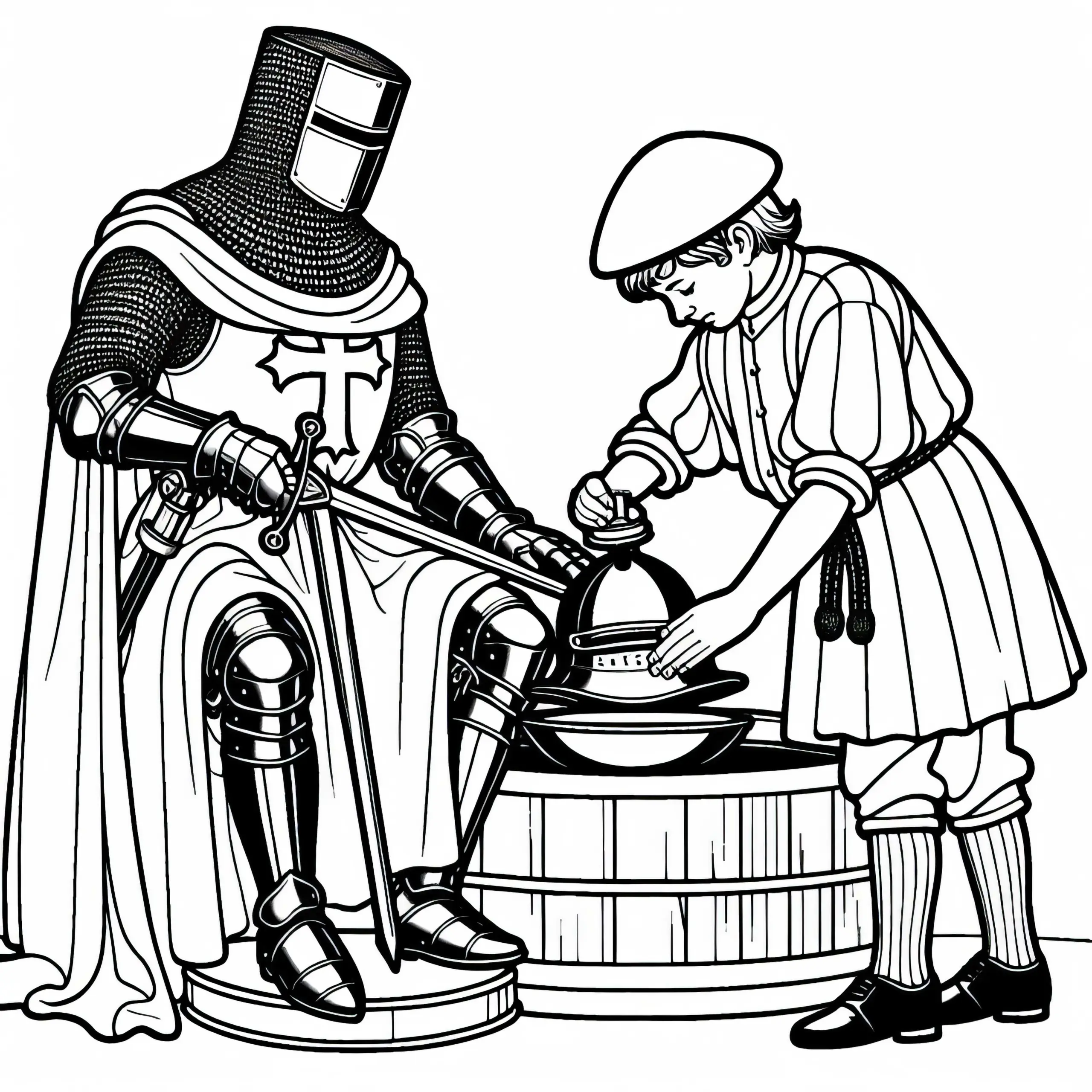 Junger Page hilft Ritter beim Polieren des Helms Ausmalbild Kreuzzüge Gratis