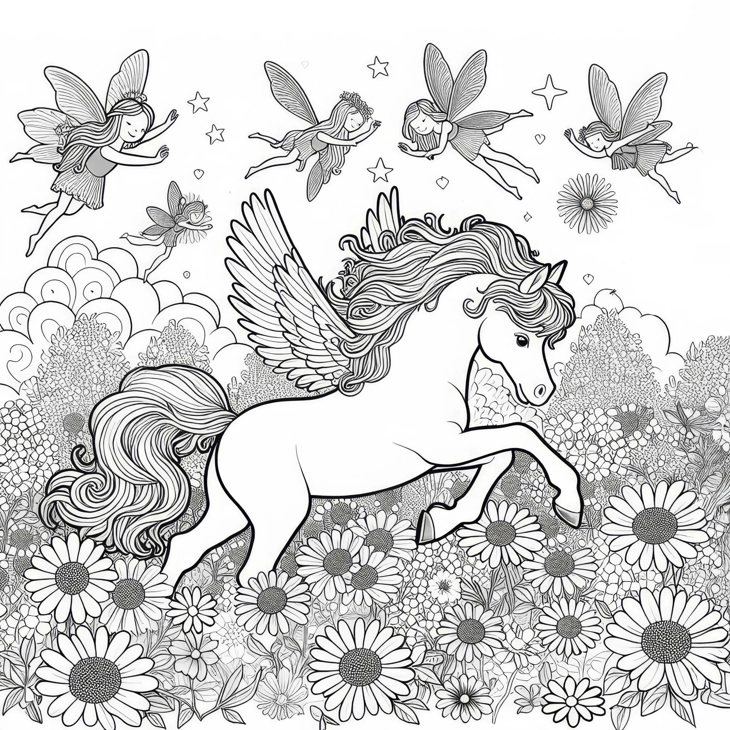 Junger Pegasus tollt durch eine Wiese voller Blumen und Feen: Gratis Malvorlage (Ausmalbild)