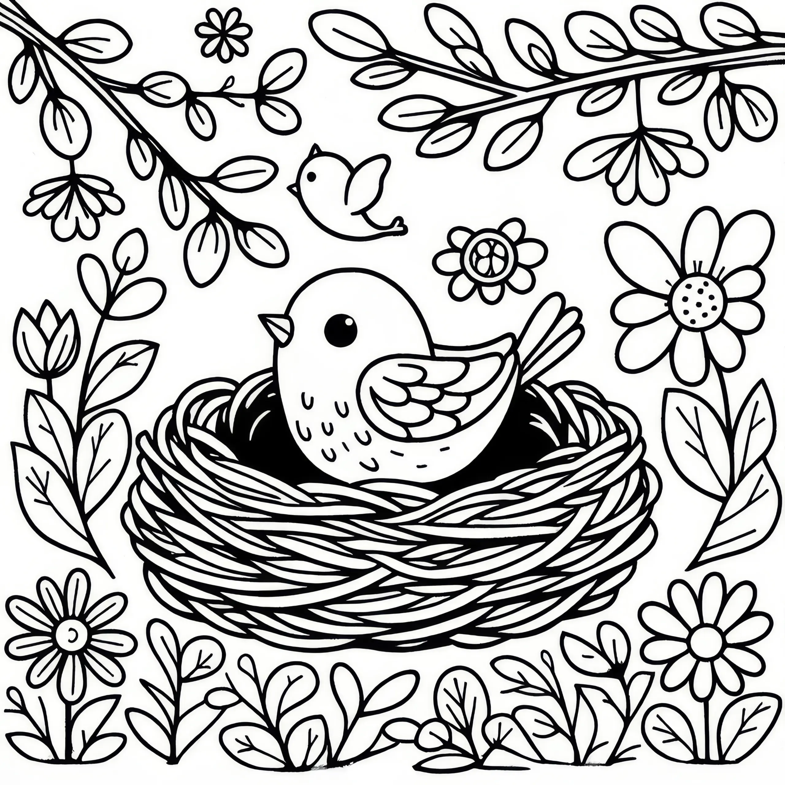 Junger Vogel im Nest: Frühlings-Ausmalbild kostenlos