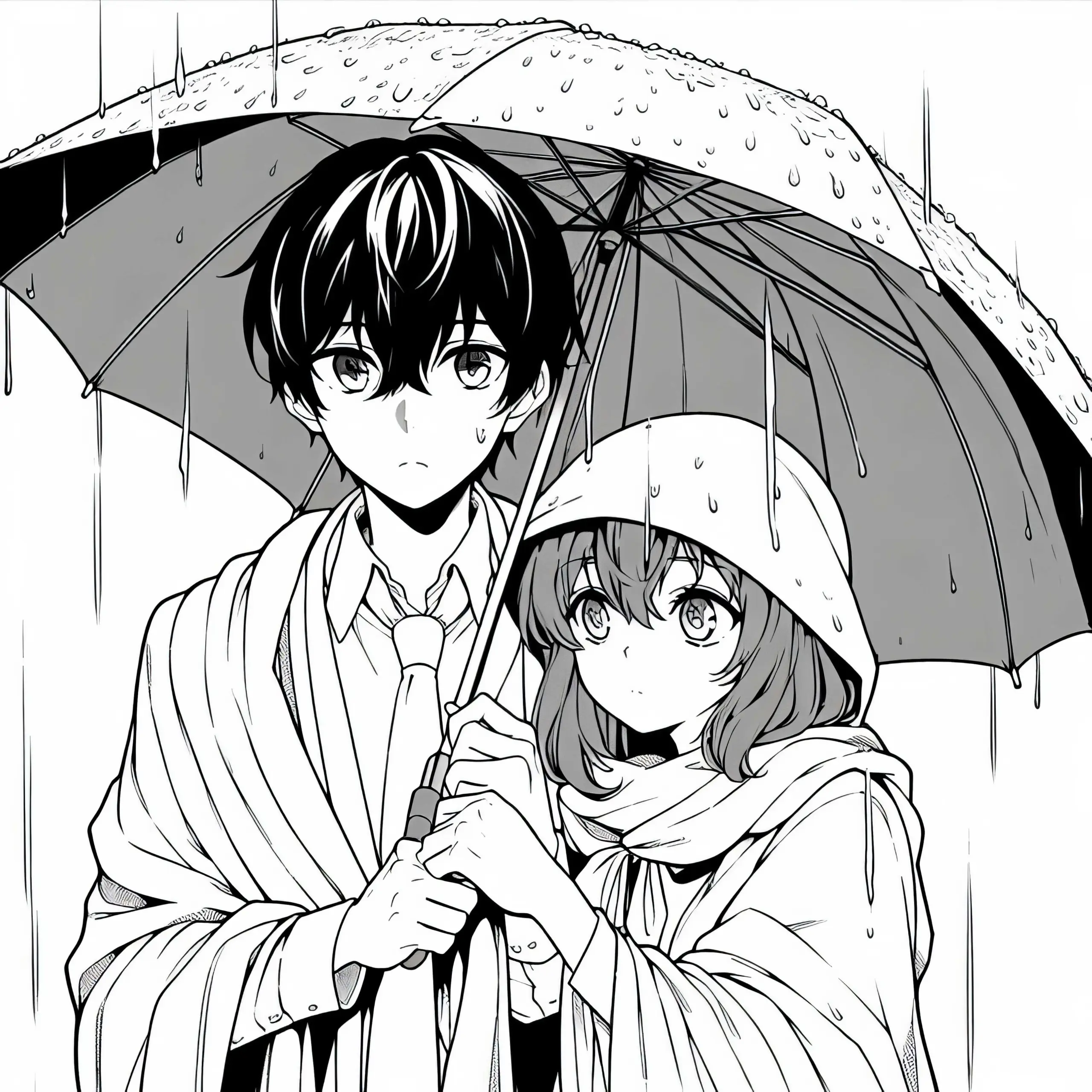 Junges Anime Paar bei Regen unter Regenschirm – Ausmalbild Kostenlos