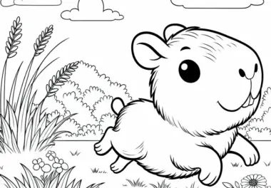 Junges Wasserschwein rennt spielerisch durch das Gras – Ausmalbild einfach gratis