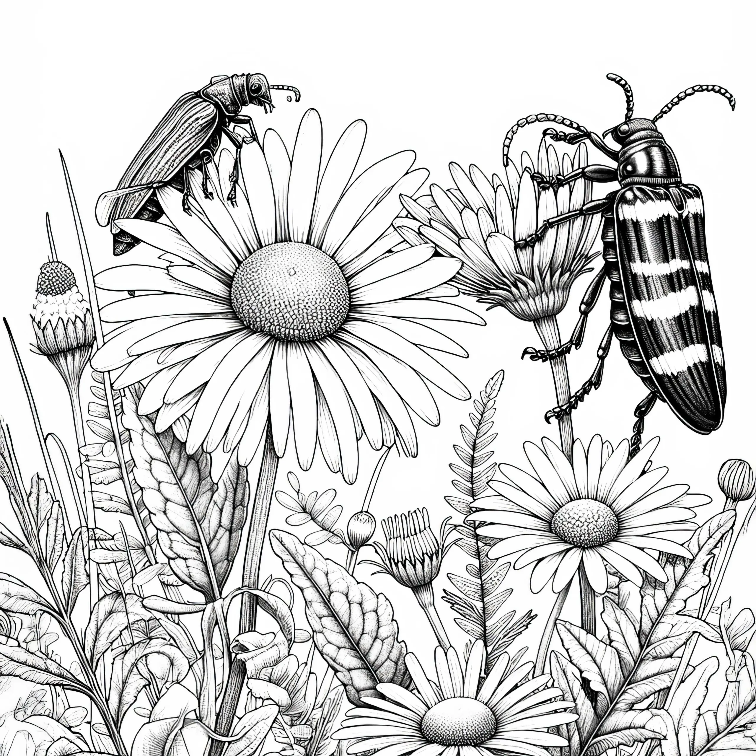 Käfer auf Gänseblümchen: Ausmalbild zum Herunterladen (Kostenlos)