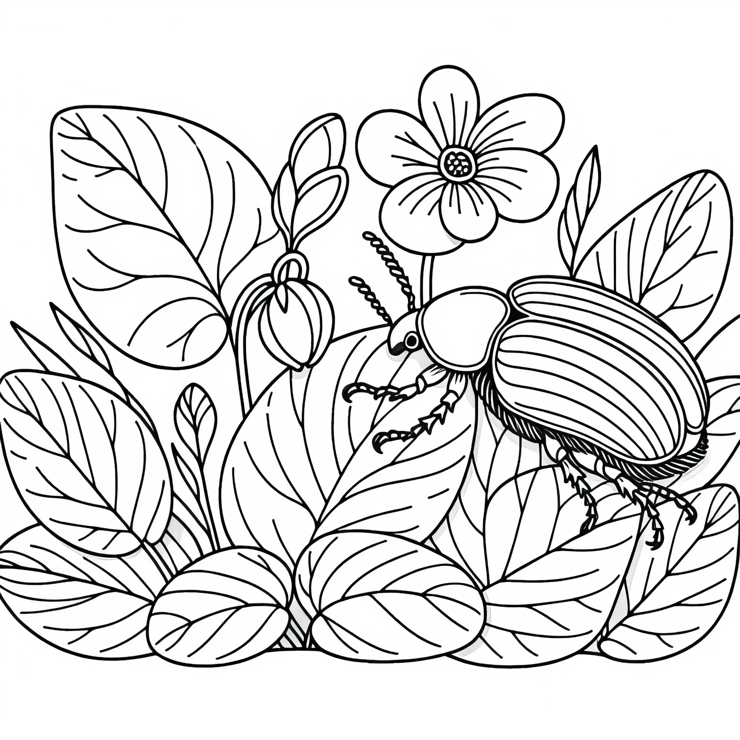 Käfer krabbelt über Blätter der Blume Veilchen – Malvorlage kostenlos (Ausmalbild)