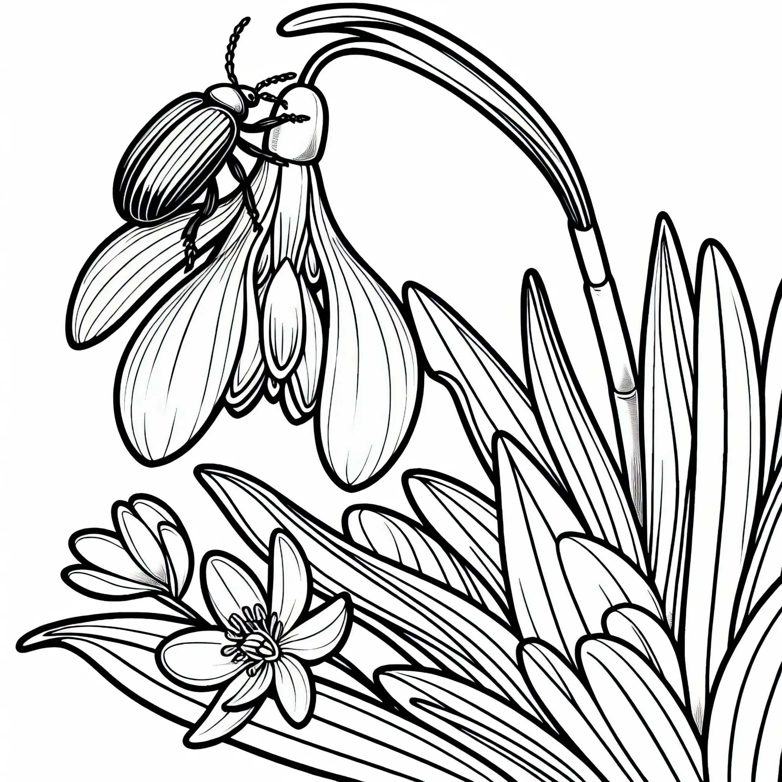 Käfer krabbelt über Blüte des Schneeglöckchens – Malvorlage kostenlos (Ausmalbild)