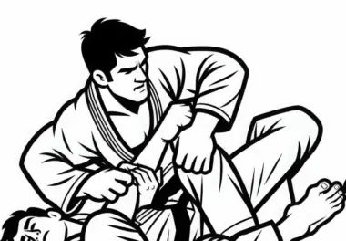 Kämpfer beim Jiu-Jitsu setzt Armbar-Hebel an – Ausmalbild kostenlos