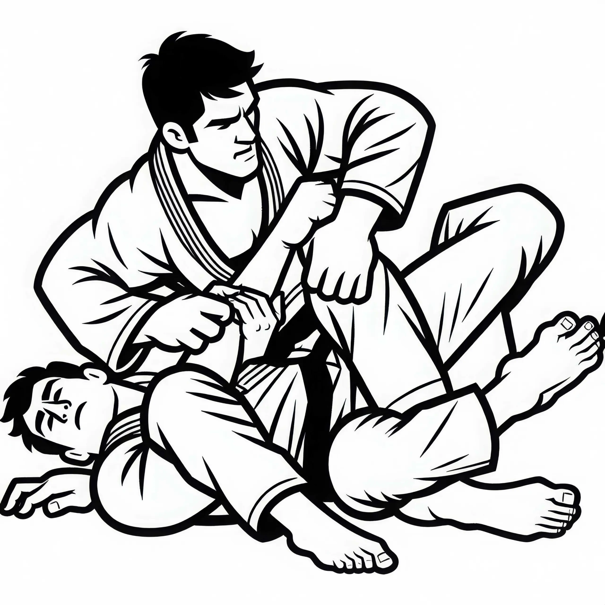 Kämpfer beim Jiu-Jitsu setzt Armbar-Hebel an – Ausmalbild kostenlos