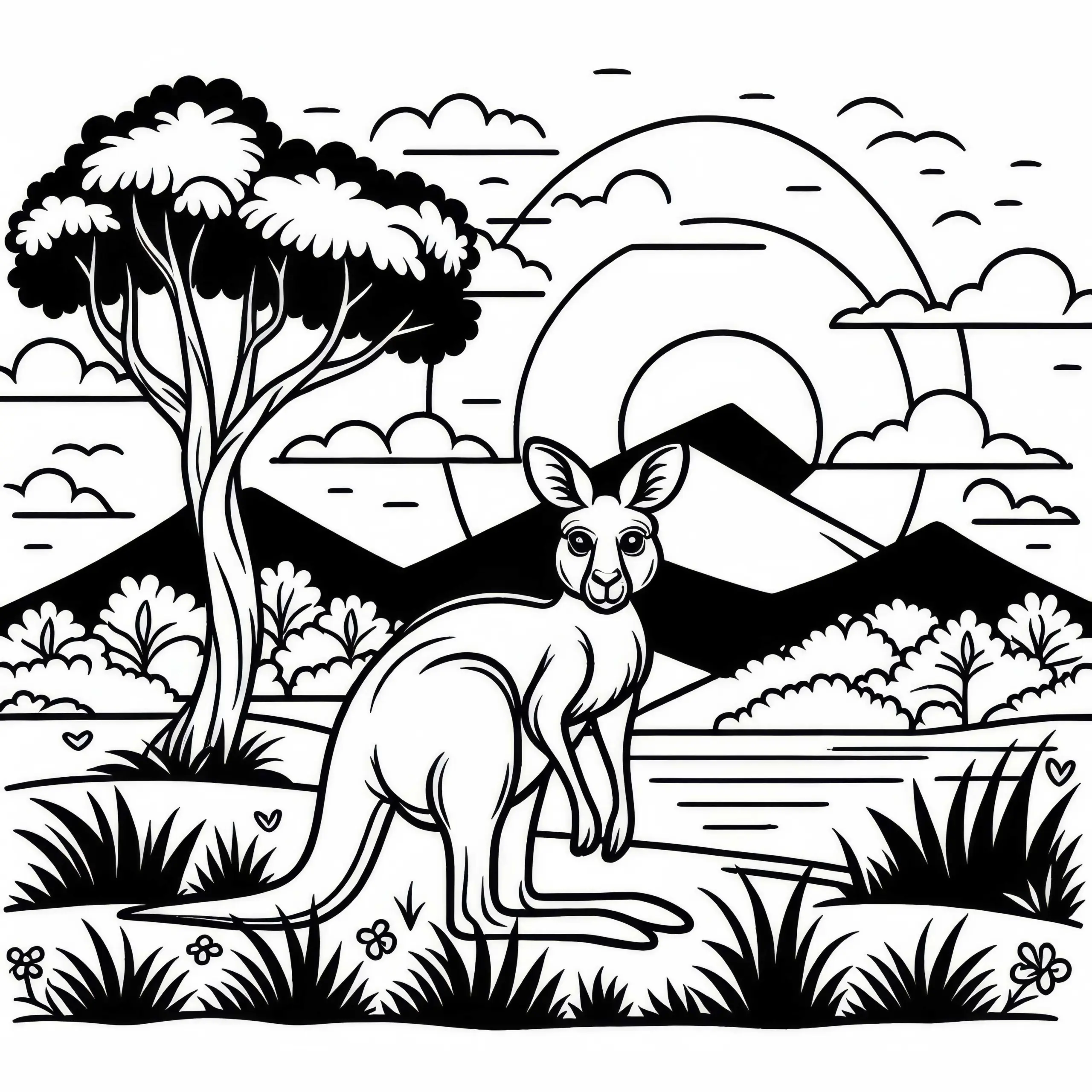 Känguru in der Dämmerung beim Sonnenuntergang: Einfache Malvorlage (Kostenlos) (Ausmalbild)
