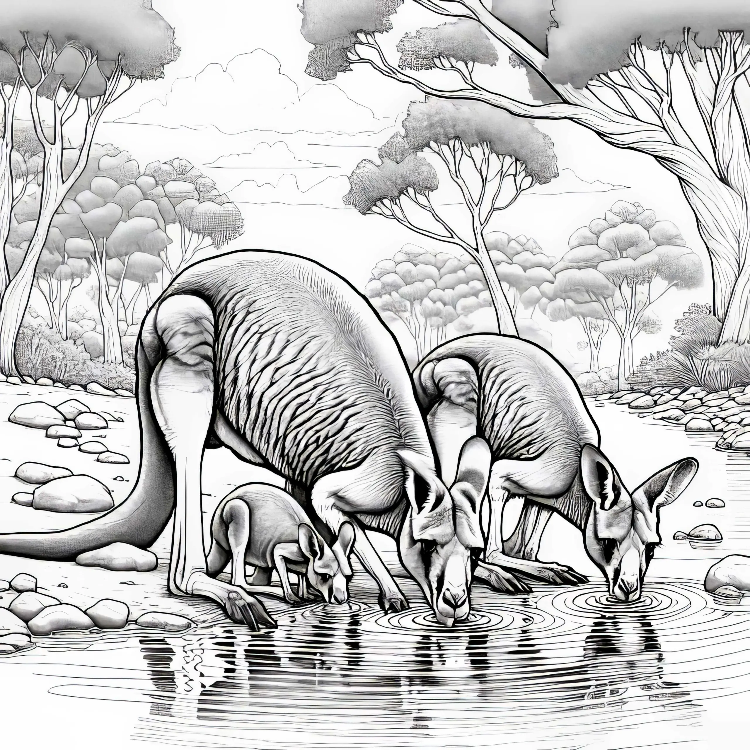 Känguru-Familie trinkt Wasser am See: Detailreiche Malvorlage (Kostenlos) (Ausmalbild)